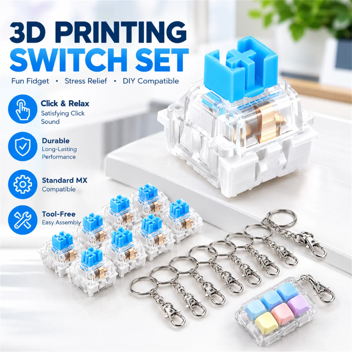 100Pcs Blue Keyboard Switches with 10Pcs Keychains MX Mechanical Switch Clicky for 3D Printed Fidget Toy Tester Stress Relief