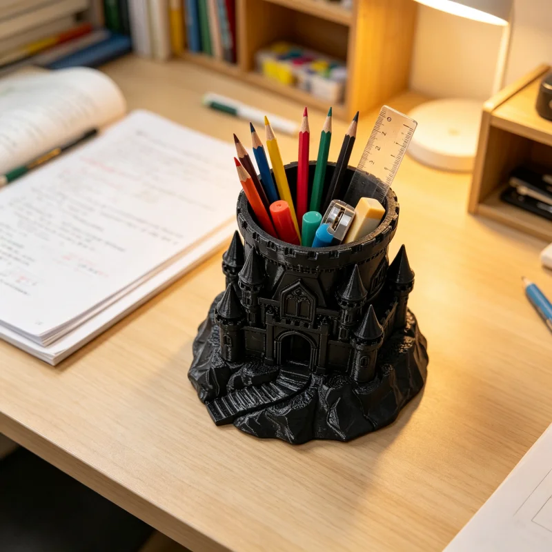 Gothic-Style Mountain Castle Tower Pencil Holder, Medieval Fantasy Castle Desktop Organizer, Made of Sturdy and Stable Matte Black Petg Material, Creative Castle-Shaped Desktop Decoration, Pen Cup for Storing Various Desktop Stationery, Suitable for Office Desk, Study Desk, and Tabletop Organization, Dark Medieval Desktop Decoration, Novel and Creative Gift for Fantasy Theme Enthusiasts