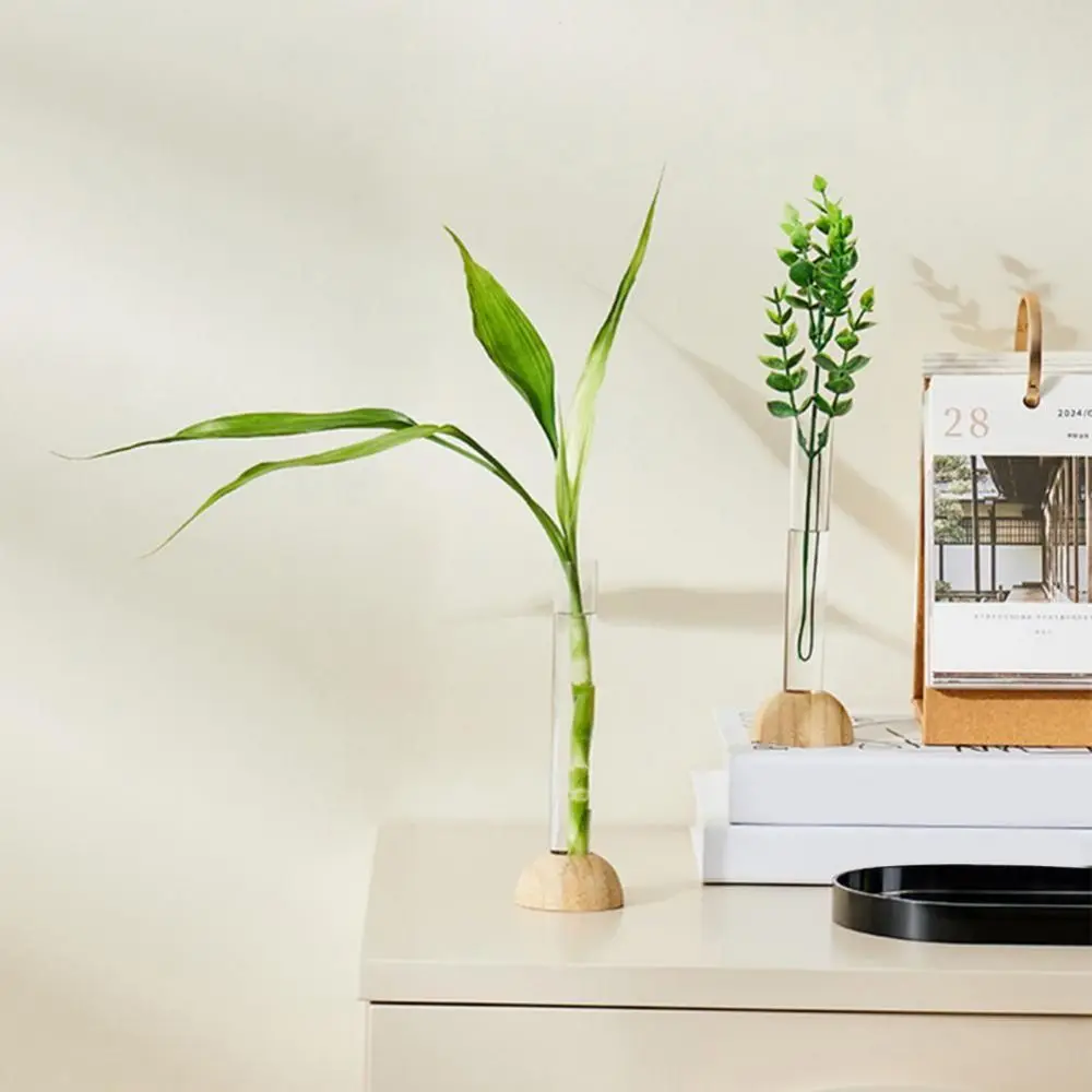 2 Pcs With Wooden Stand Bamboo Base Hydroponic Vase Shatterproof Stable Hydroponic Plants Vase Unique Clear Flower Vase Kitchen