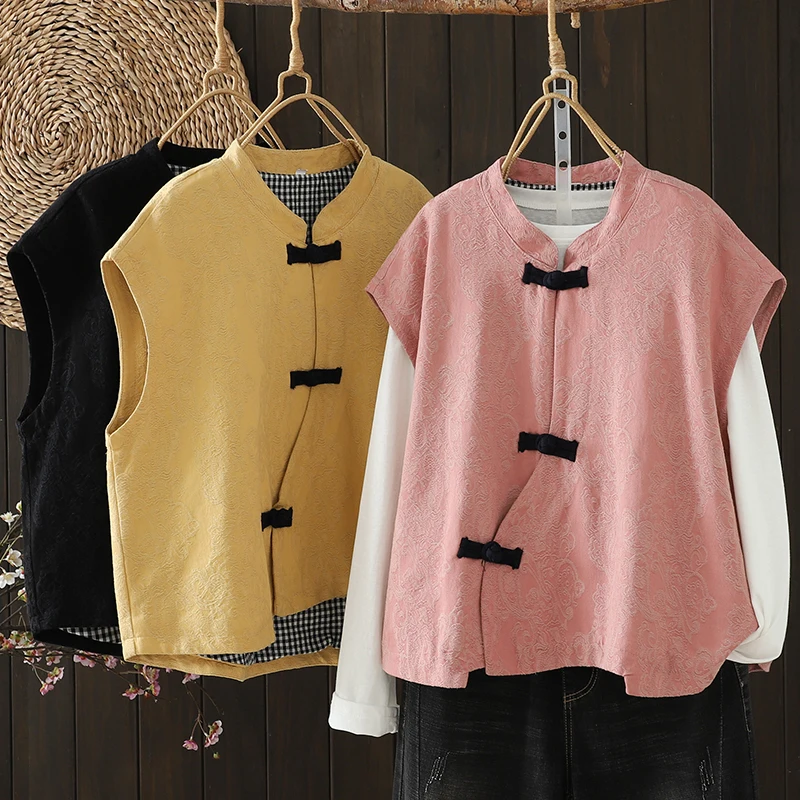 Retro Style Loose Fit Sleeveless Vest Jacket with Buckle Thickened Cotton Polyester Fabric Women's Outerwear Floral Embroider...