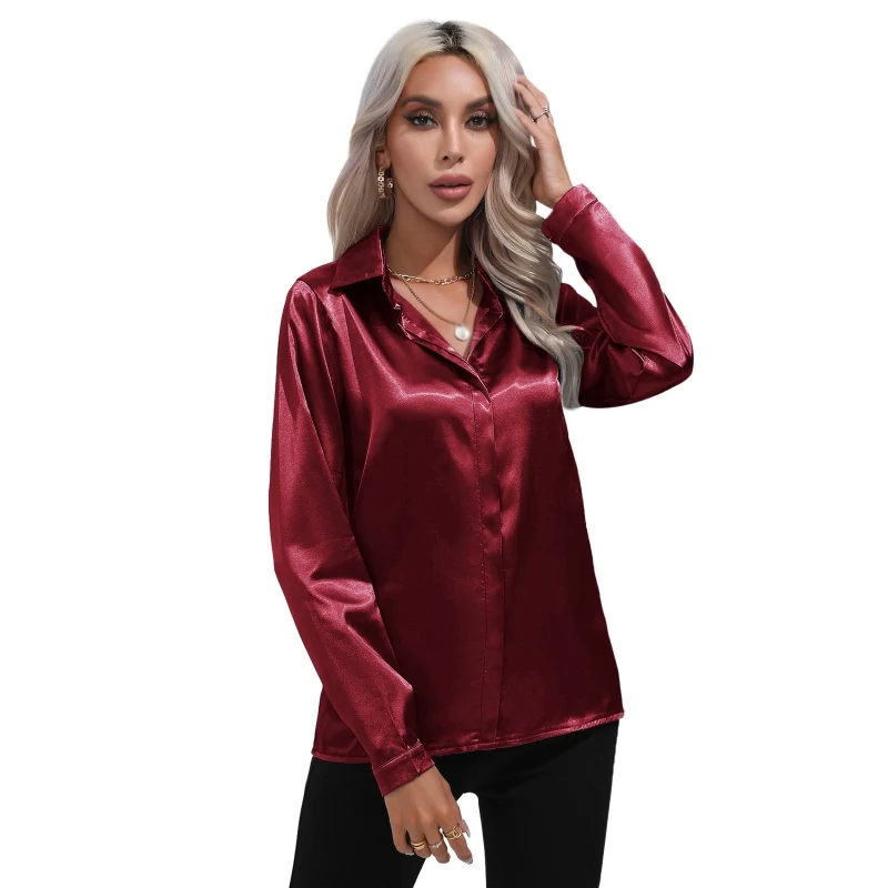 Woman Silk Shirt Long-sleeved Satin Women Blouse Natural Silk Blouse Loose and Versatile Base Shirt