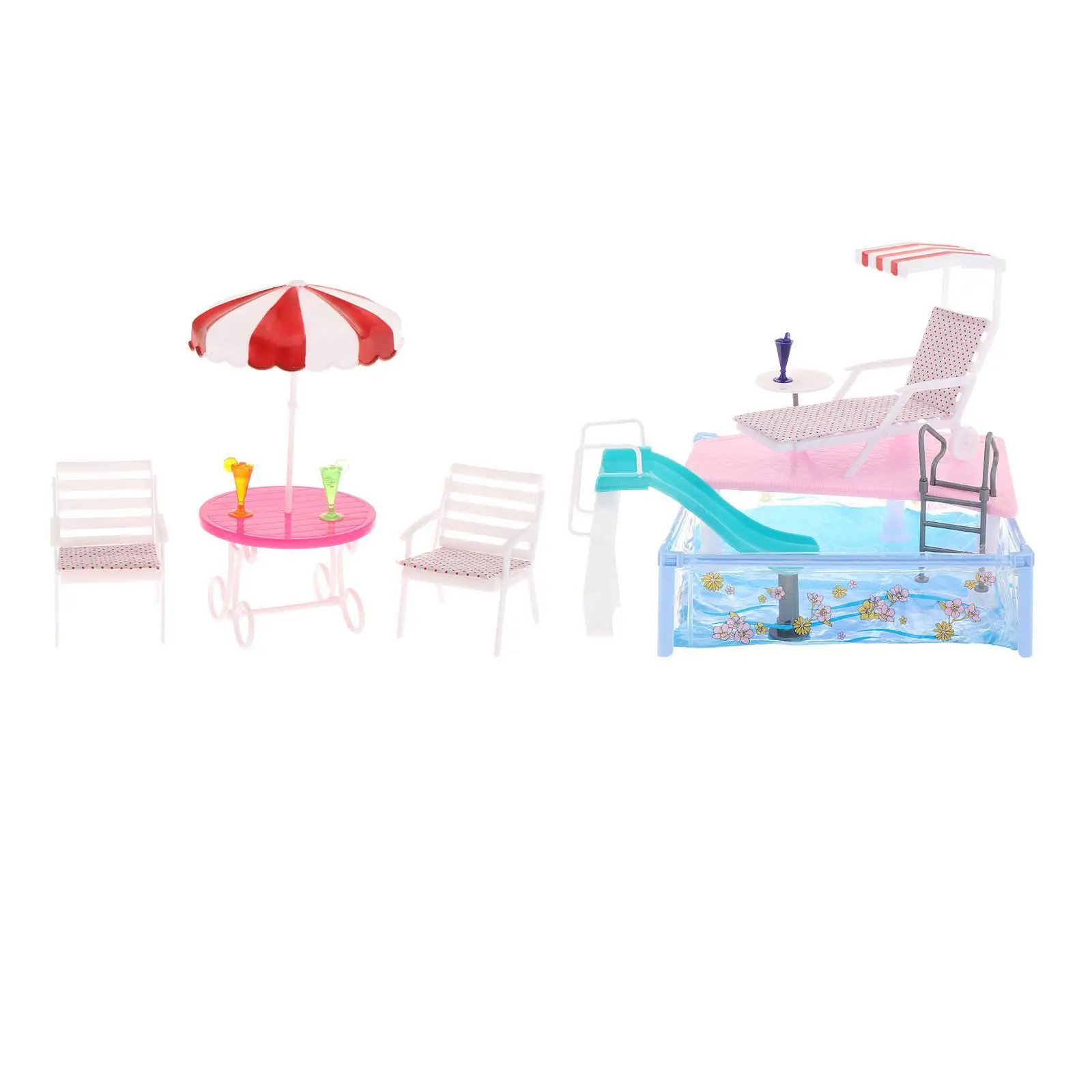 

Pool Playset Glam Pool with Sunbath Chair, Beach Umbrella, Slide Bath Toys for Dolls Kids Toy for Dolls up to 30cm Girls Kids