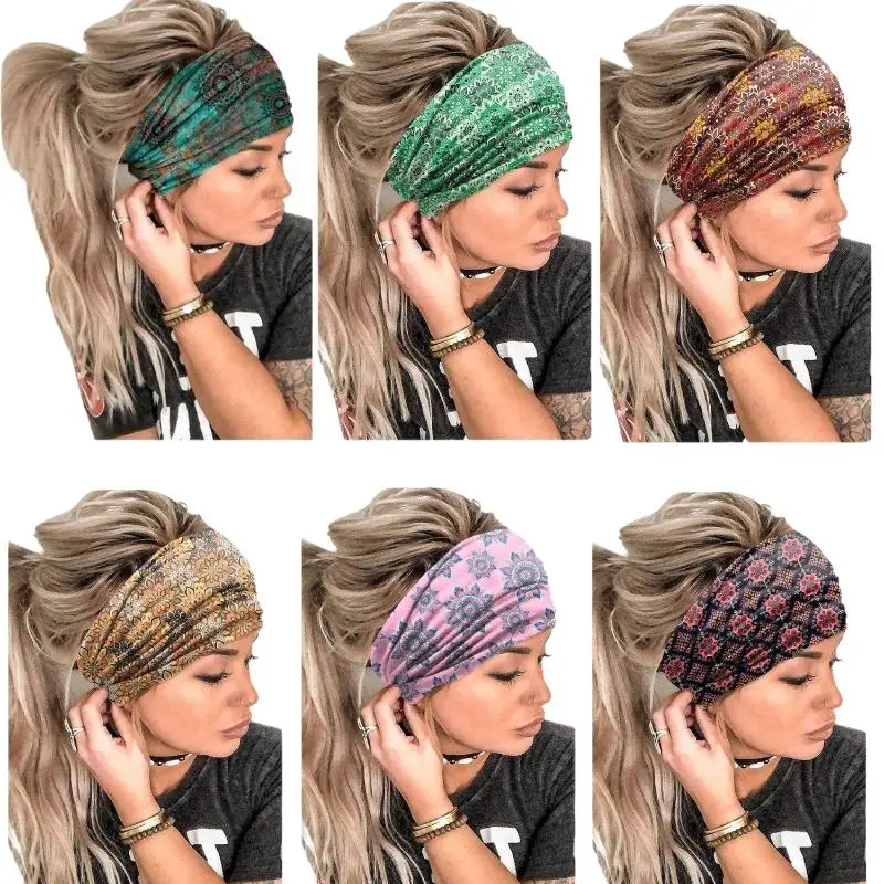 1 Stück elastische, rutschfeste Haarbänder, Boho-Stirnbänder mit Blumenmuster, breite, verdrehte, geknotete Haarbänder für Damen, Vintage-Yoga-Kopftücher, Turbane. – Detail 6