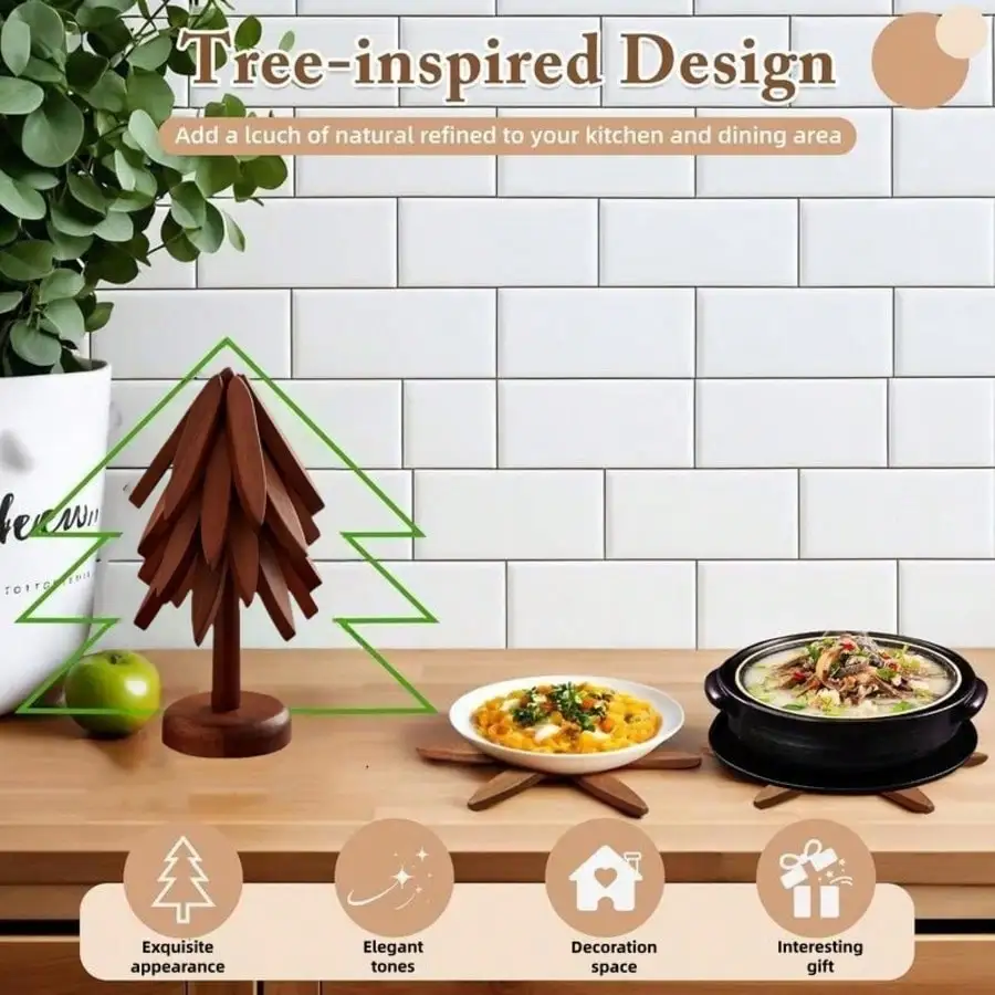 Foldable Heat-Resistant Tree Trivet Set -8 Wooden Trivets & 1 Stand Heat Multipurpose Resistant Foldable Design - Kitchenware Tableware Coasters Durable High-Quality Solid Wood Ideal For Hot Dishes, Pots, Bowls, Teapots Kitchen Decorative Placemat