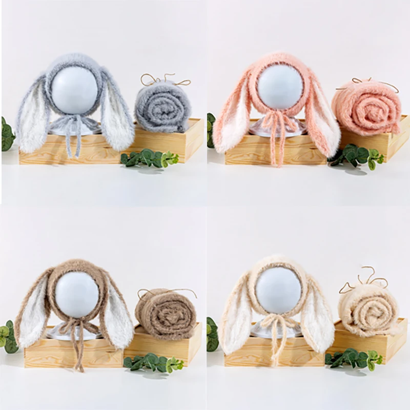 Baby Rabbit Style Hat Wrap 2pcs/Set Newborn Photography Props Baby Boy Girl Shoot Swaddle Blanket Studio Accessories