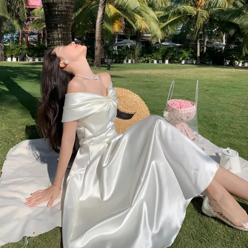 French Satin Off-Shoulder Dress Summer White Elegant Formal Evening Dress Dress Korean Wedding Banquet Dress Y2k Women Clothing