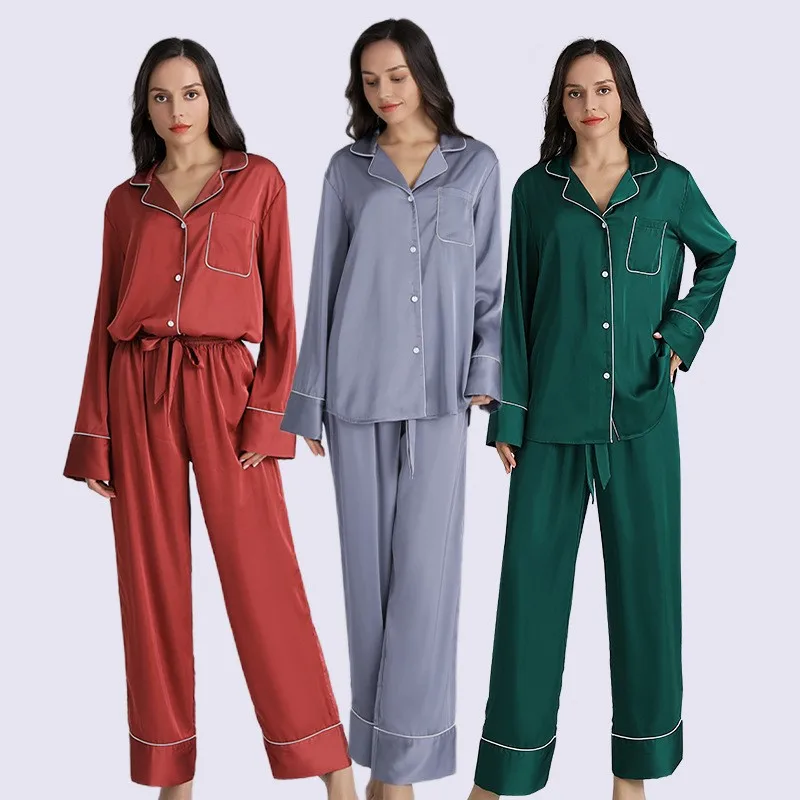New Spring, Summer and Autumn Thin Silk Pajamas Casual Ladies Ice Silk Home Wear Pullover Pajamas Sleepwear
