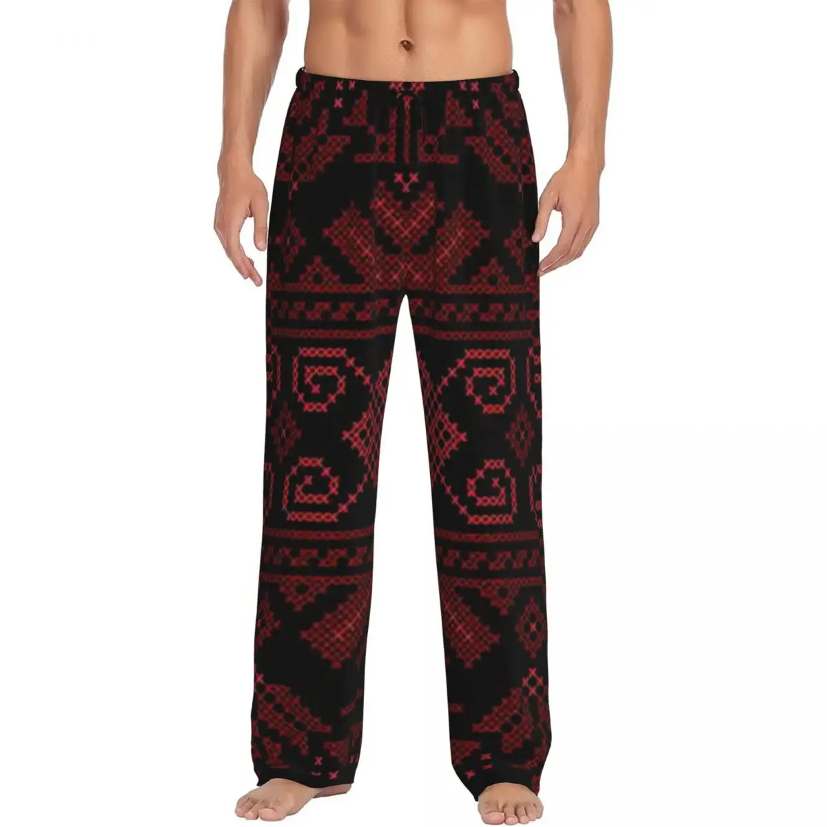 Palestinian Jordanian Traditional Realistic Embroidery Tatreez Pajama Pants Men Sleepwear Sleep Lounge Bottoms with Pockets