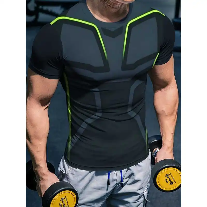 Men's Gym Quick Dry Tight Top Boxed Armor Racing Mecha Design High Elastic Breathable Round Neck Strength Training Short Sleeve