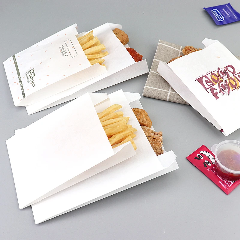 100Pcs/pack White Kraft Paper Bag Fried Chicken Bread Hamburger Toast Takeout Packaging Oil Proof Fast Food Shop Wrapping