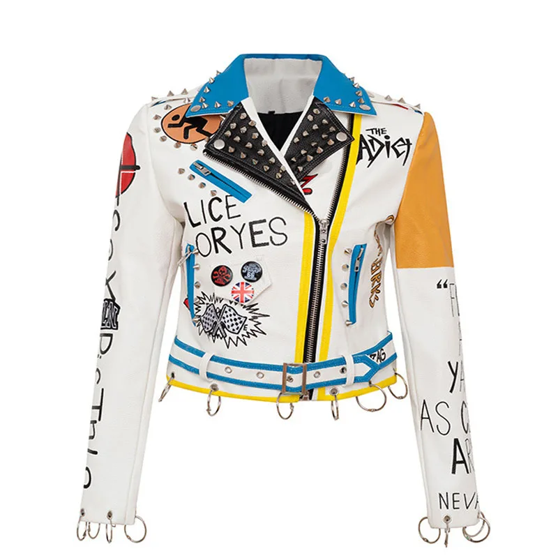 

2024 New High Quality Printed Contrast Motorcycle Wear white Slim Fit Leather Jackets Punk Rock Women's Leather Jacket Coats