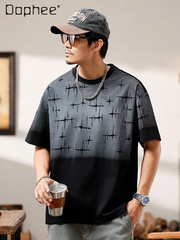 Summer Retro Dip Dye Star & Irregular Line Graphic T Shirts Men Black Color Block Round Neck Loose Streetwear Short Sleeve Tops