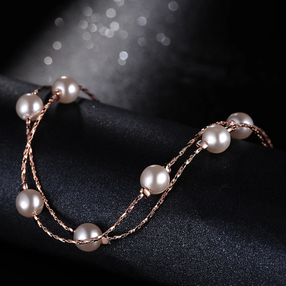 Double Layer Imitation Pearl Beads Charm Bracelets Bangles for Women Rose Gold Color Short Chain on Hand Wedding Jewelry DFH169