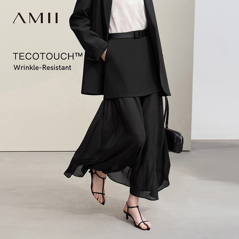 

Женская юбка Amii, новинка весны 2026, элегантная лоскутная шифоновая длинная юбка, однотонная прямая универсальная женская одежда 12641047