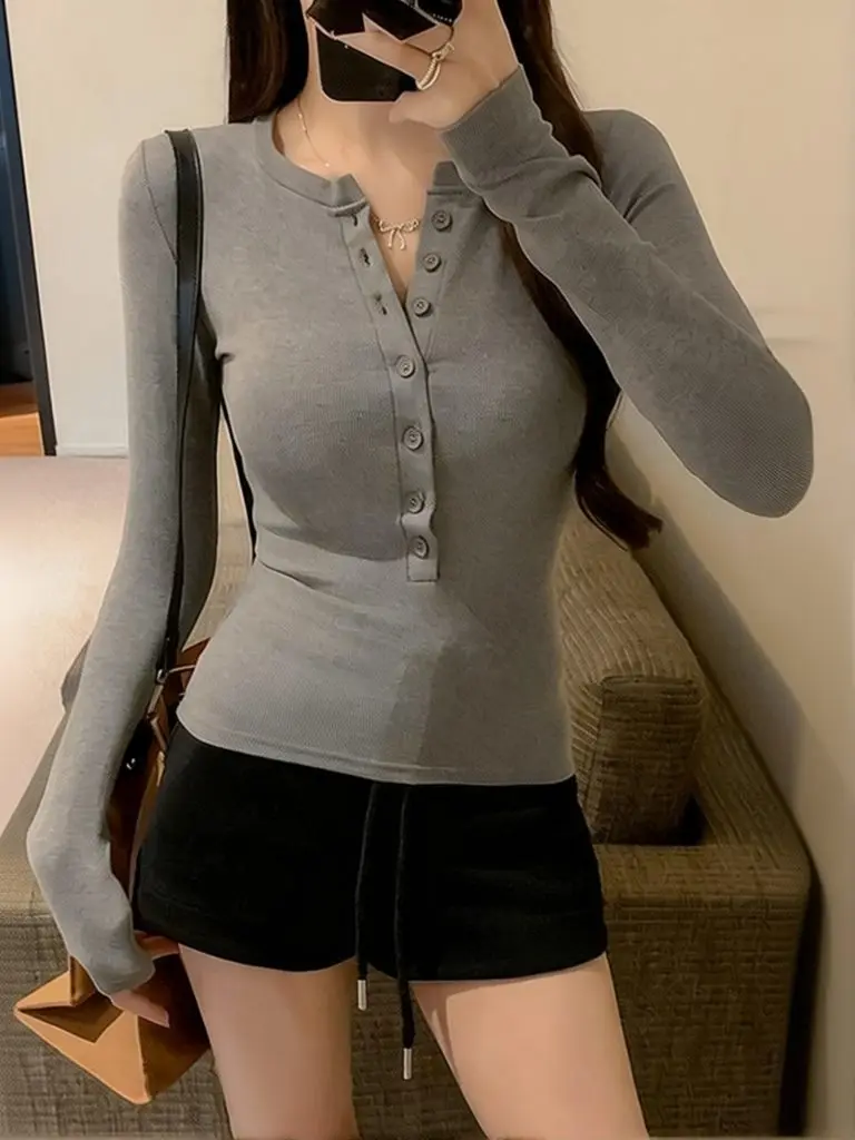 Button Deep V neck Basic Plain T Shirts Women Spring Long Sleeve Tops Slim fit O neck Casual Tees