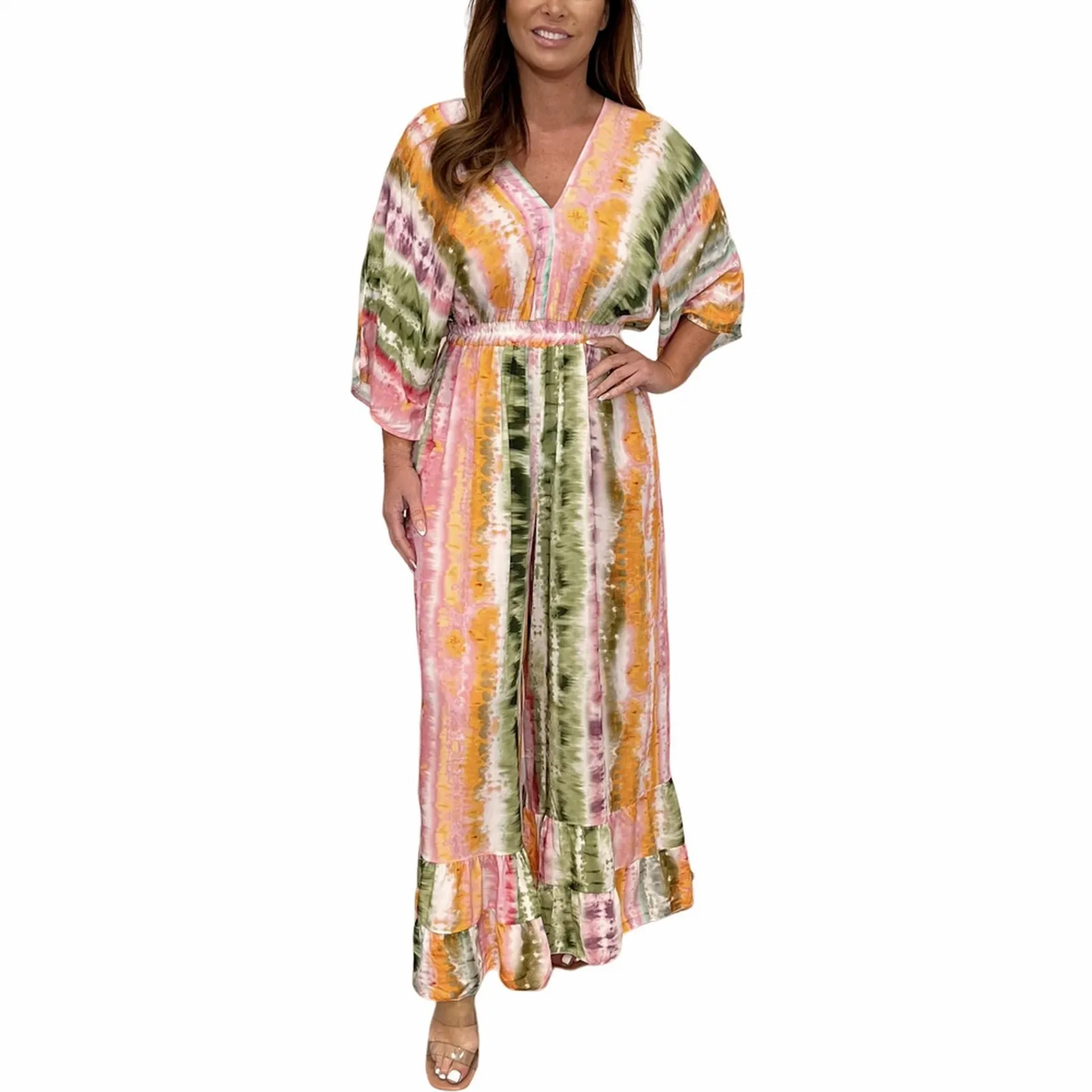 

Loose Printed Patchwork Maxi Dress For Women Vintage V Neck Puff Long Sleeves Pleated Long Dresses 2024 Spring Chic Female Robes