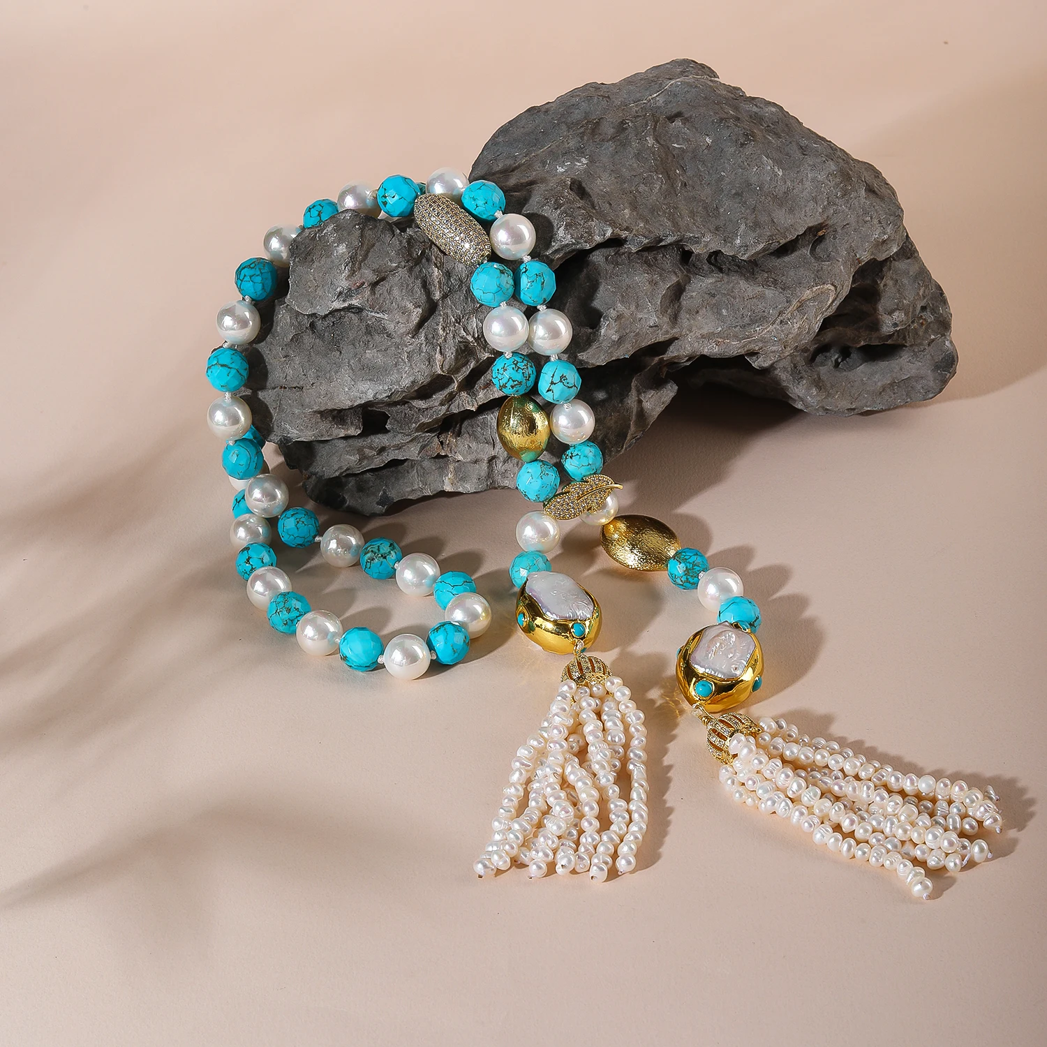 

Уникальное ожерелье ручной работы из натурального жемчуга и бирюзы с двойной кисточкой и драгоценными камнями, ожерелье из бисера, ювелирные изделия для женской вечеринки унисекс