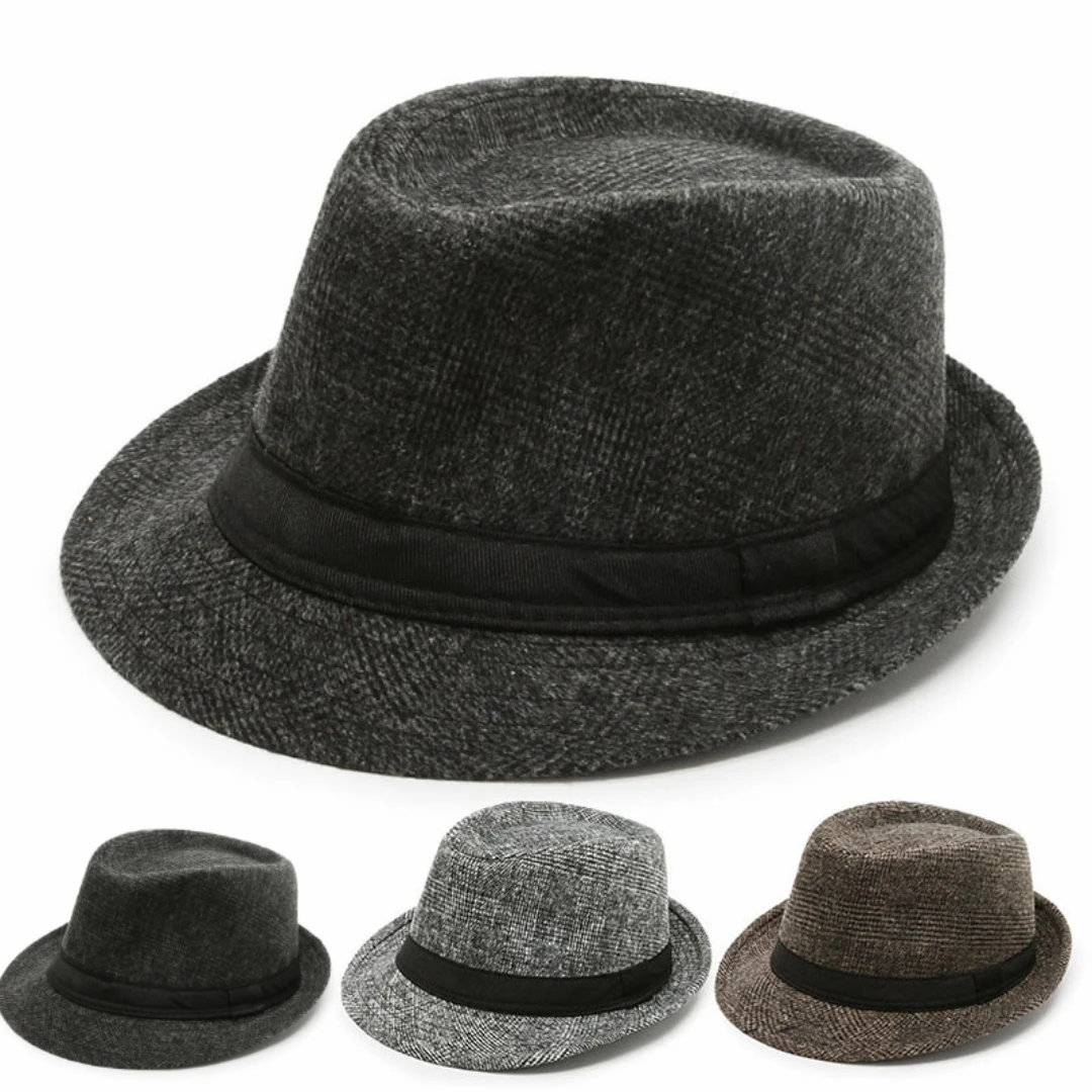 Woolen Check Fedora Middle-aged and elderly Autumn Winter leisure gentleman jazz hat men's artistic sunshade Party Bucket hat