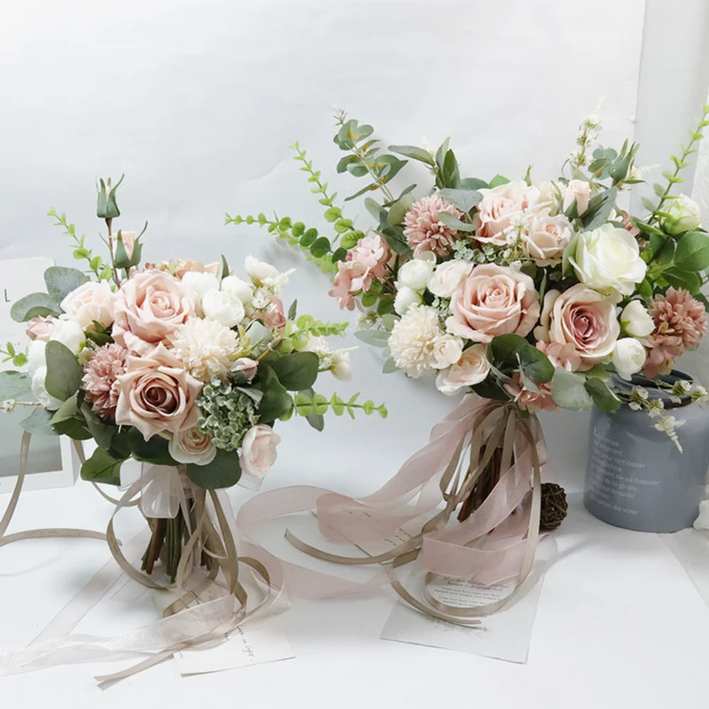 Handgemachte Seide Rose Hochzeits sträuße für Brautjungfern Braut künstliche Halte blumen für Hochzeit Kirche Wohnkultur Brauts trauß