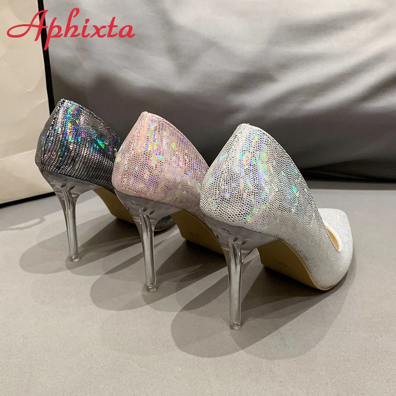 Aphixta 10cm High Tansparent Stiletto Heels Women Pumps Dazzle Colorful Official Party Shoes Big Size 33-50