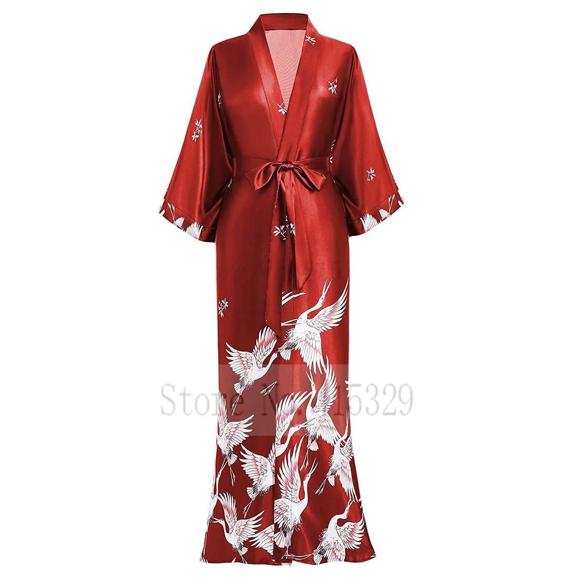 Women Long Kimono Robe Print CRANE Nightgown Wedding Party Gift Longewear Bride Bridesmaid Bathrobe Gown Intimate Lingerie