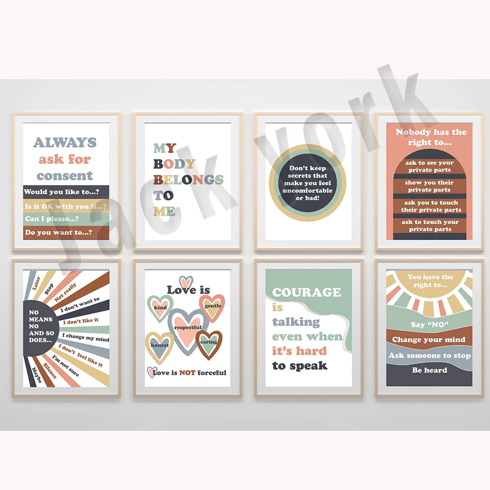 Body safety rules poster, teaching kids consent poster, boho therapy office decor, school psychologist