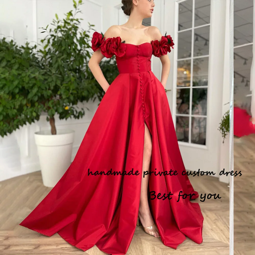 

Red Satin A Line Evening Dresses Flowers Off Shoulder Front Split Long Prom Party Dress with Pockets Princess Formal Gowns