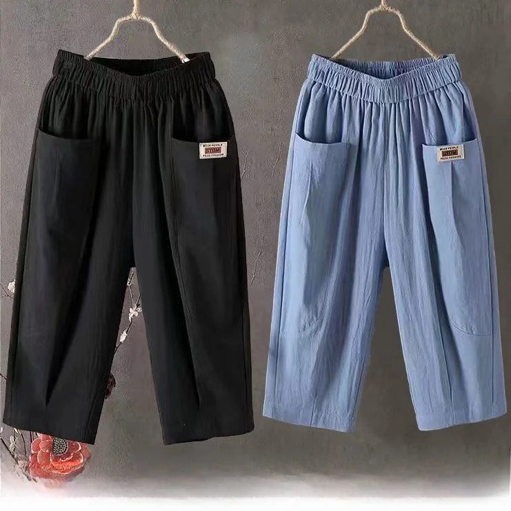 Summer Thin Cotton Linen Loose Large Size Elastic Waist Harem Pants Casual Trousers for Mom Comfortable Loose Seven-Foot Pants
