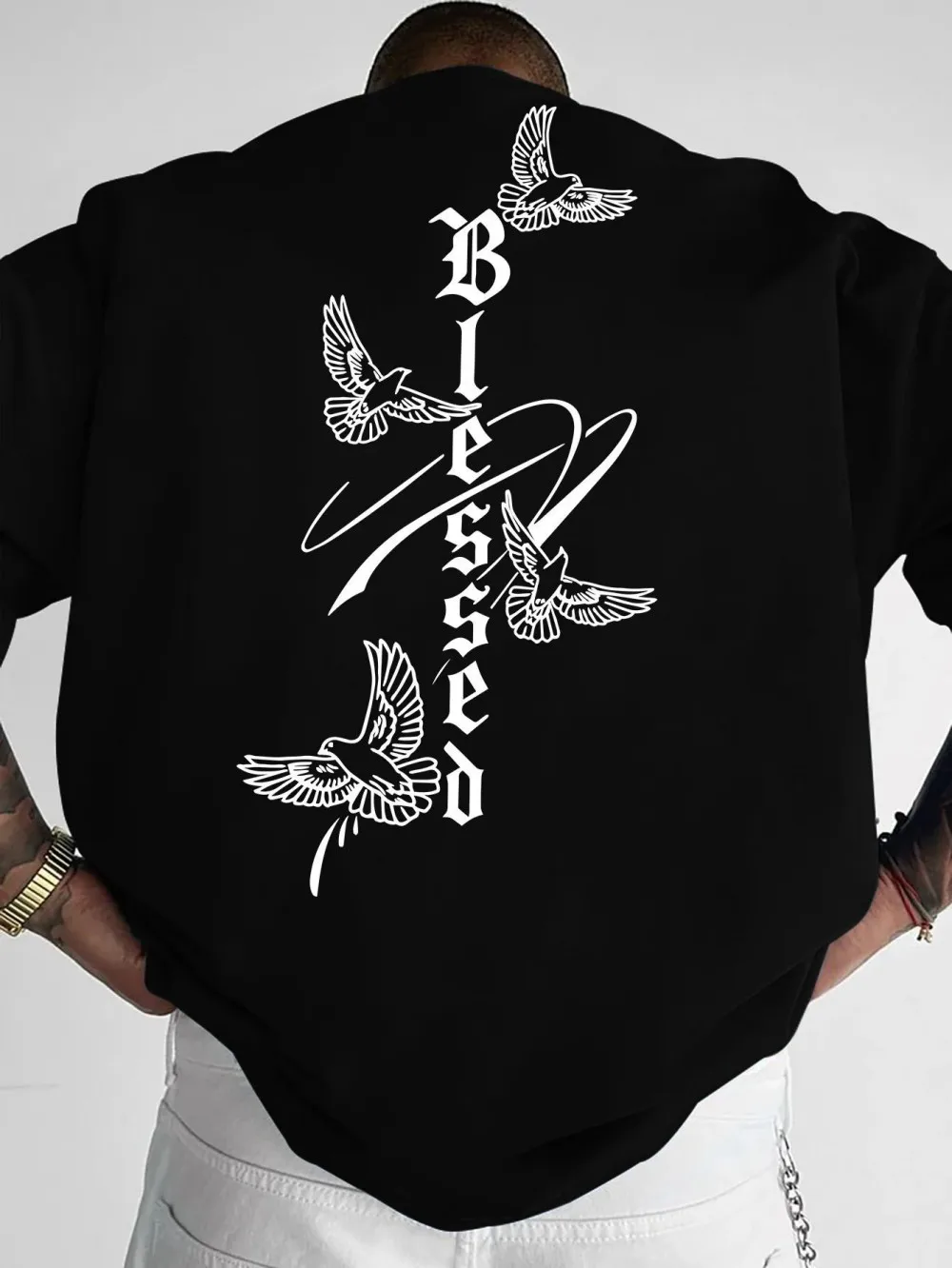 European and American Men's Summer Letter and Dove Print Comfortable and Breathable Round Neck T-Shirt Outdoor Casual Top