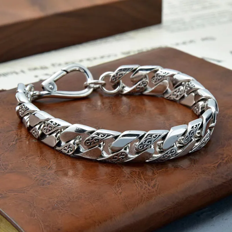 

New Silver Color Rattan Grass Pattern Bracelet Wide Version Personalized Men's Tank Chain Simple Hip-Hop Trend Fashion Jewelry