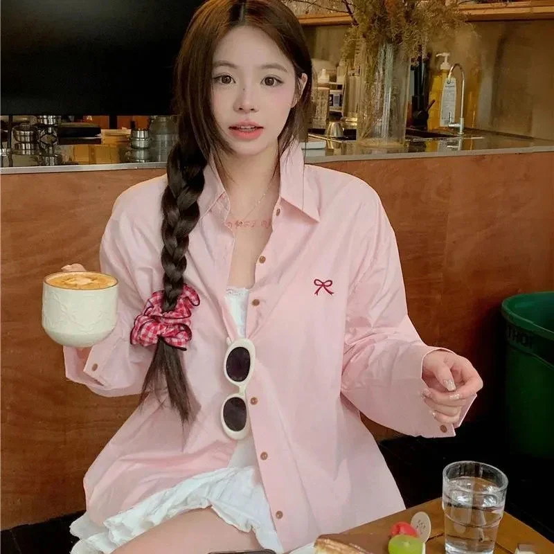 Summer New Womens Shirts Korean Fashion Chic Bowknot Embroidery Turn Down Collar Shirts Y2K Loose Single Breasted Blouse Women