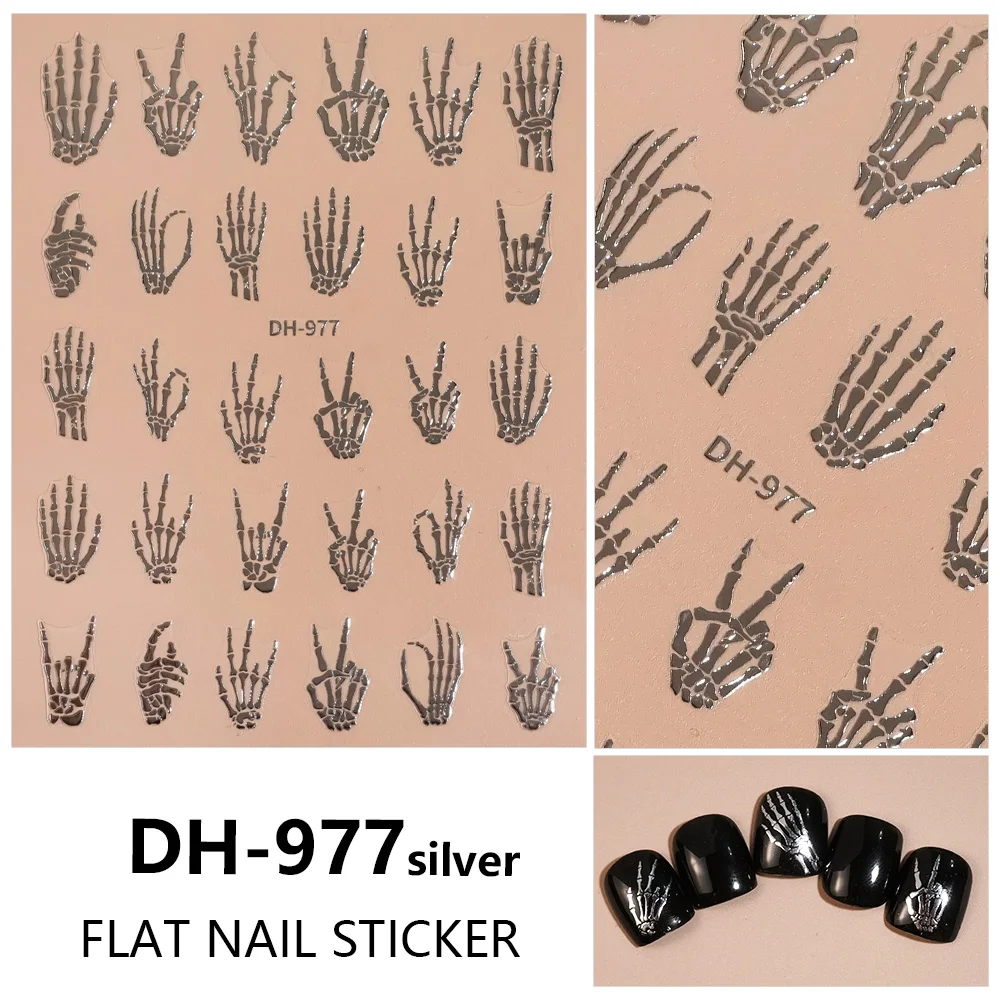 สติกเกอร์ติดเล็บแบบแบน 3 มิติ ลายมือโครงกระดูกสีเงิน สำหรับตกแต่งเล็บผู้หญิง DIY สติกเกอร์ติดเล็บแบบมีกาวในตัว สำหรับตกแต่งเล็บสไตล์พังก์แฟชั่น
