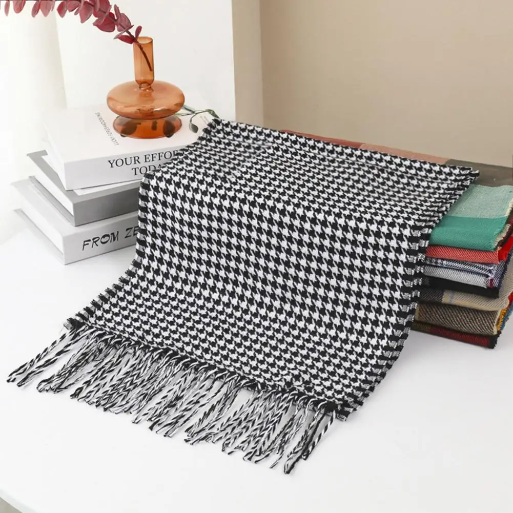 Men Plaid Scarf Tassel Trim Long Style Men Checkered Wrap Imitation Cashmere Thermal Insulation Men Scarf Daily Wear Neckwear