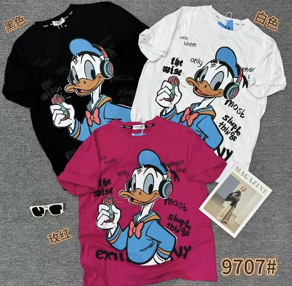 T-Shirt à manches courtes pour femmes, mode automne, canard de dessin animé, décontracté, rétro, ample, amincissant, polyvalent, tendance, 2025