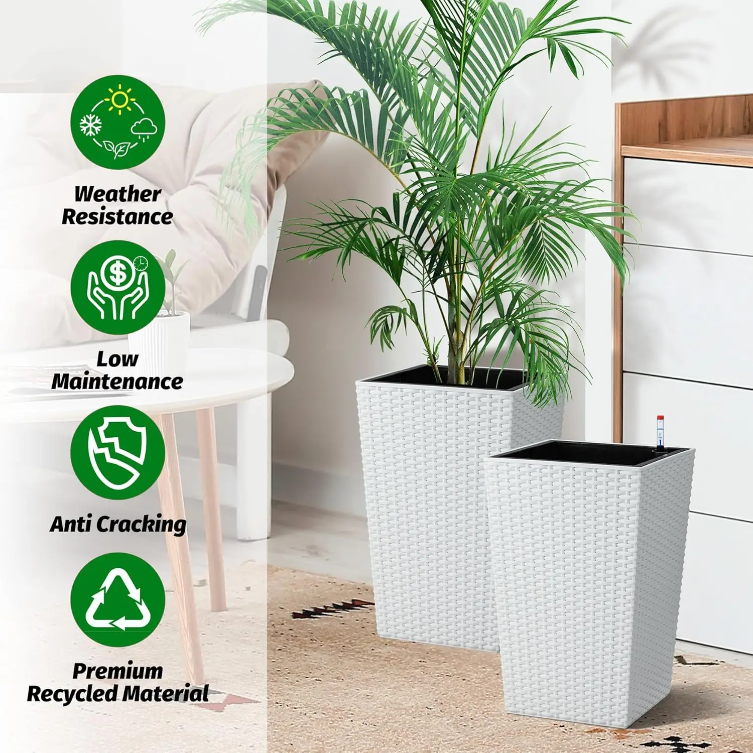 

16inch/22.5inch Tall Rattan Planter Set of 2 Outdoor and Indoor Plant Pots with Water Level Monitor & Wheels, Large Flower Pot