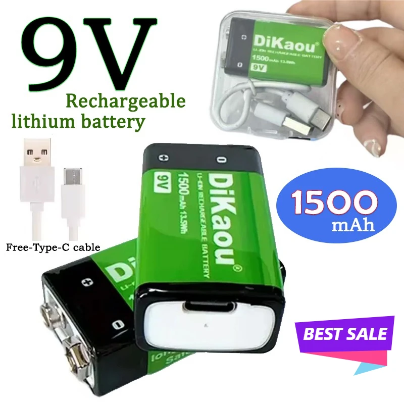 

Литий-ионный перезаряжаемый аккумулятор 9В 1500мАч с зарядкой Type-C USB для мультиметра, микрофона, игрушек, пультов ДУ, использования в KTV
