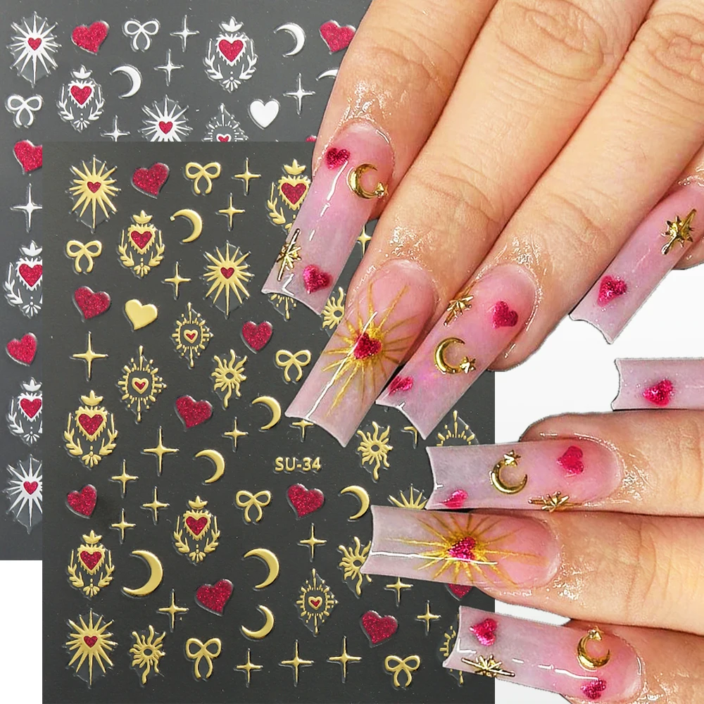 3D Gold e Sun Nail Adesivos, Bronzing, Cruz, Estrelas, Lua, Decalques, Coração Vermelho, Prata Arcos Design, Encantos DIY, Manicure Acessórios, LEBSU-34