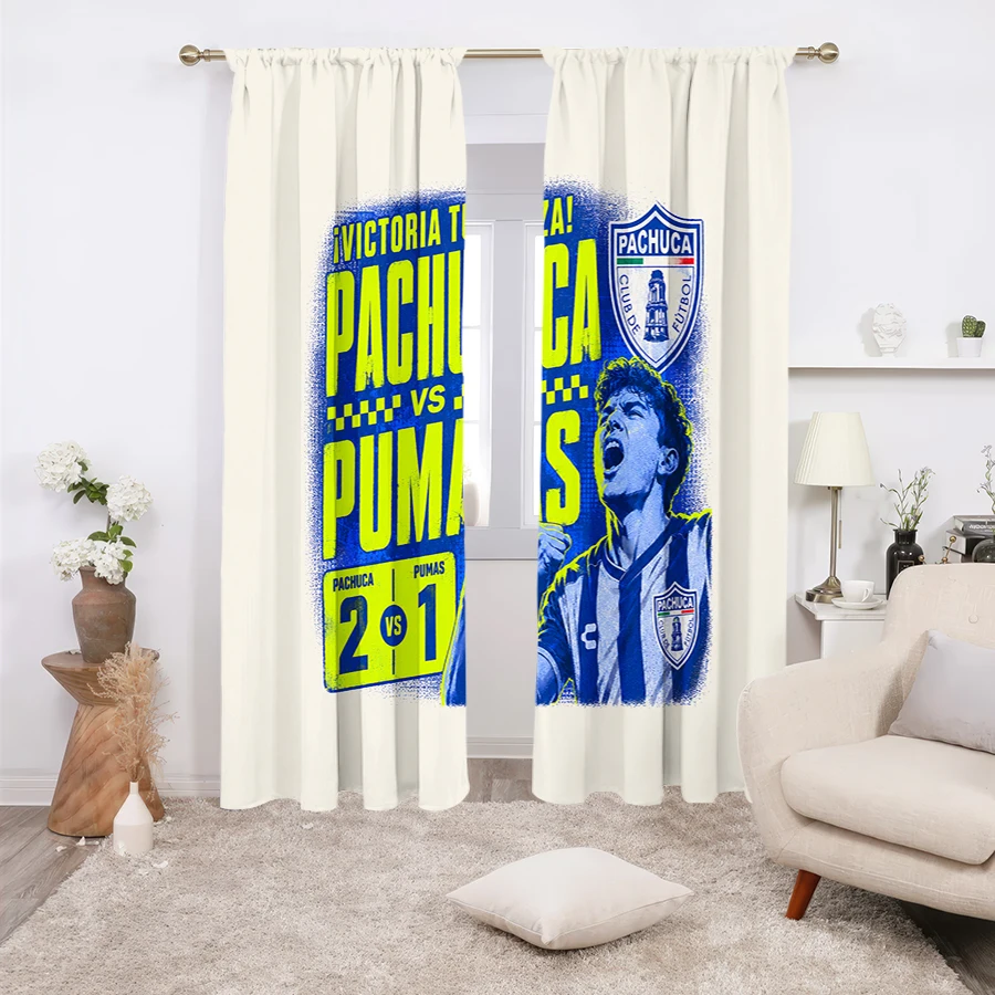 2PCS Curtains, Pachuca Football Match Themed Print with Celebratory Player Portrait, Team Crest and Pachuca vs Pumas 2-1 Score G