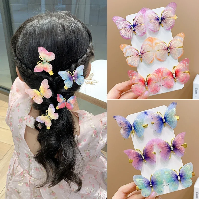 2pcs Fashion Girls Hairpin Color Butterfly Princess Headwear Kids Handmade Cloth Hair Accessories Sweet Girl Hair Clip Headdress