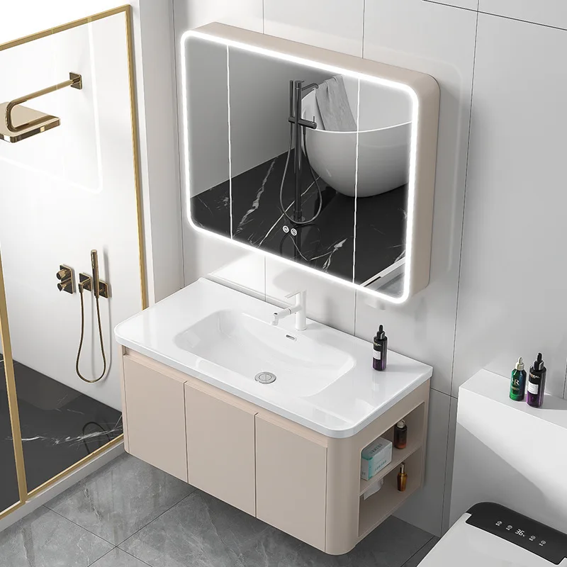 Cream-style Honeycomb Aluminum Bathroom Cabinet With Side Cabinet Storage, Bathroom Curved Integrated Ceramic Washbasin Cabinet