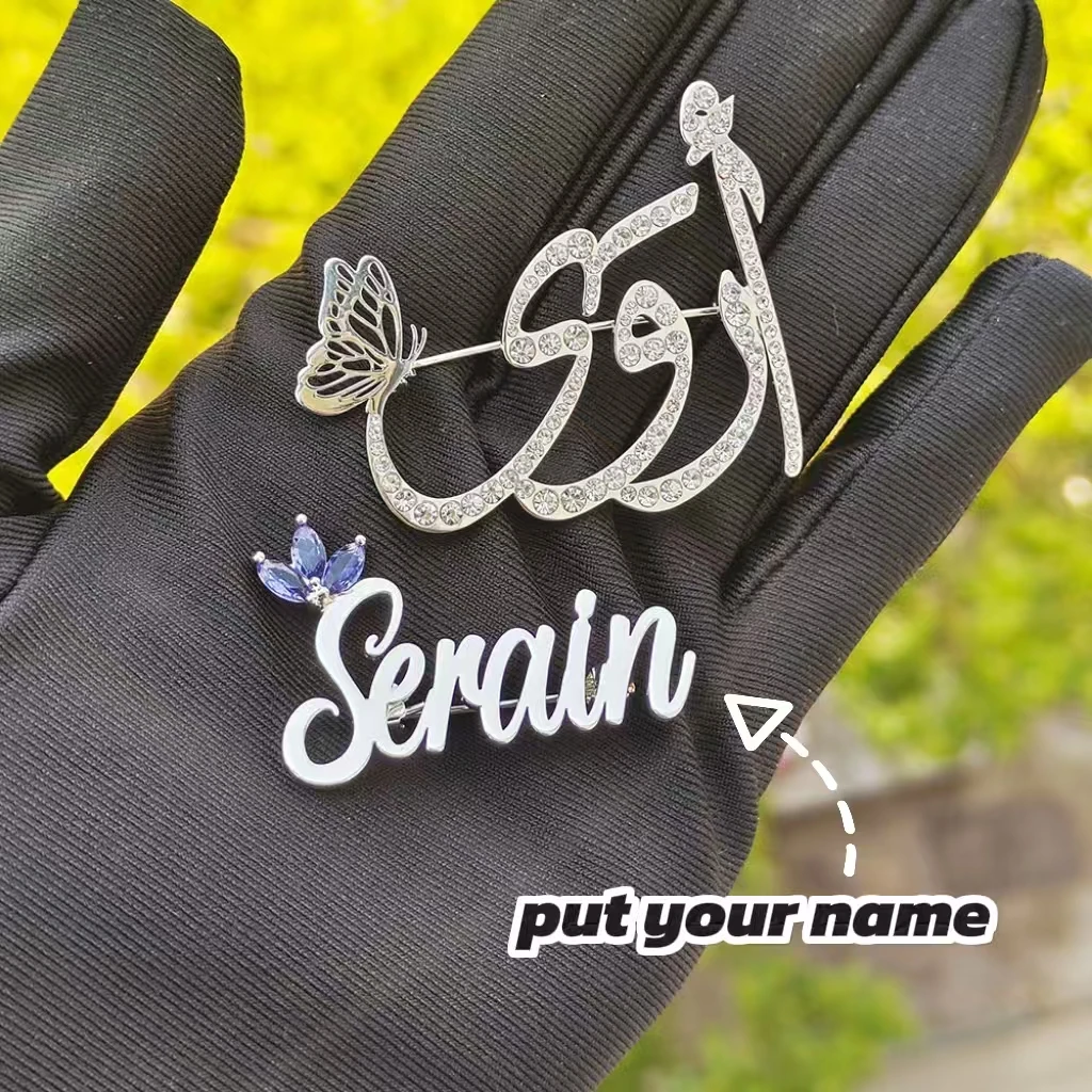 

GoldButterfly Custom Arabic English Name Brooch Personalized Jewelry 9 Zircon Colors Elegant Pin Birthday Gift for Women Girls