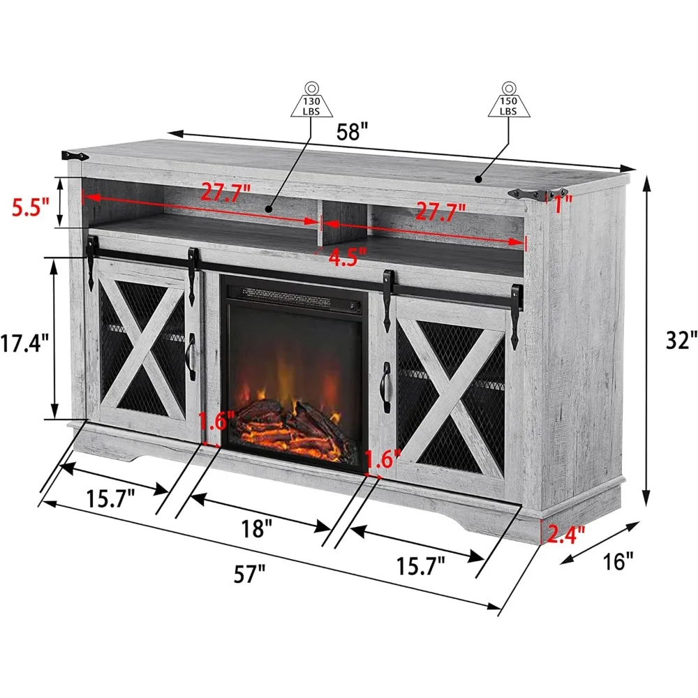 Porta TV per camino per TV fino a 70 ", centro di intrattenimento con camino elettrico da 18", 58 pollici, quercia bianca, camino domestico