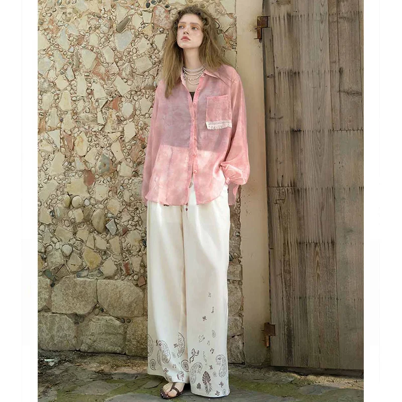 ELFSACK Women's Oriental Aesthetic Blouse with Watercolor Floral Print, Tassel Drawstring Pocket Embroidery Shirt for Daily