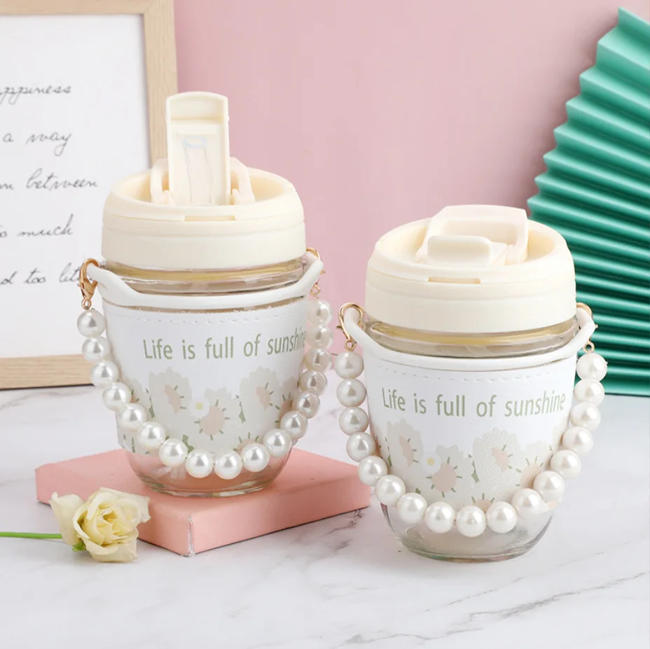 Taza de agua portátil para bebidas y café, pajita de cristal de viento Ins con perlas famosas en Internet, regalo de mano, drenaje publicitario