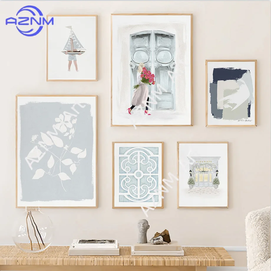 Ozeanboot Blumenmädchen Paddeltür Minimalistischer Wandkunstdruck Leinwandgemälde Poster für Wohnzimmer Moderne Heimdekoration