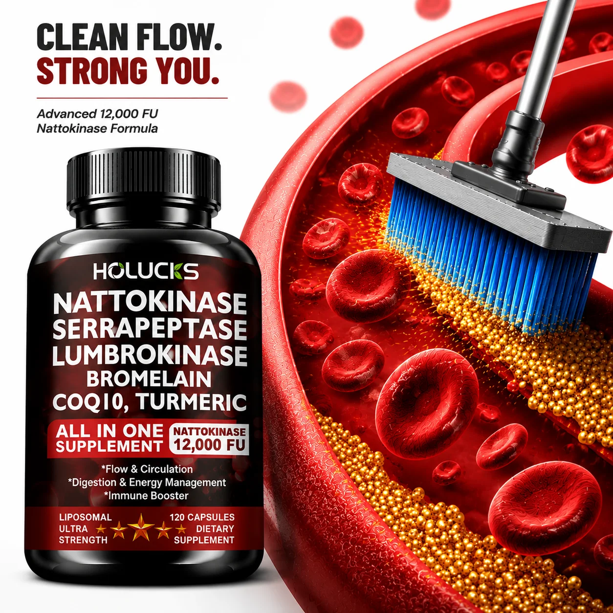 Nattokinase Serrapeptase Lumbrokinase Bromelain COQ10 Turmeric Capsules Support Vascular Flexibility Digestion Blood Circulation