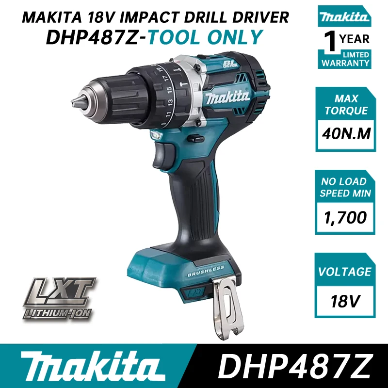 Furadeira de Impacto sem Fio Motor sem Escova Martelo Compacto Chave de Fenda Recarregável Ferramentas Elétricas 18v Lxt Makita-dhp487