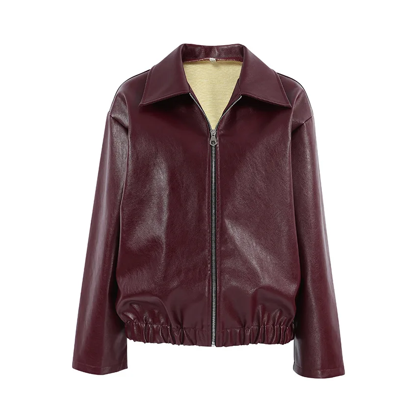 Elegant Burgundy Faux Leather Jackets Women Fashion Lapel Zipper Long Sleeve Female Coats 2024 Autumn Winter Lady Street Outwear