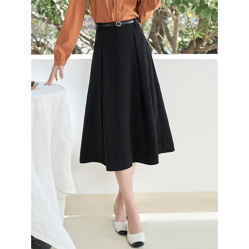 INMAN Women Skirt 2023 Spring A-shaped Pleated Loose With Same Color Adjustable Waistband Vintage Elegant Mid-length Skirt