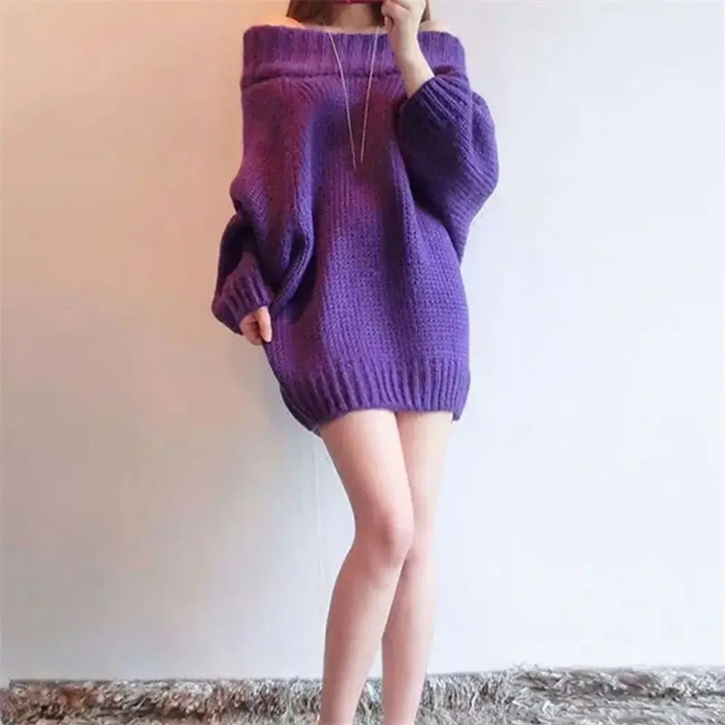 Sweet Slash Neck Loose All-match Batwing Sleeve Sweater Female Clothing 2023winter New Oversized Casual Pullovers Korean Tops